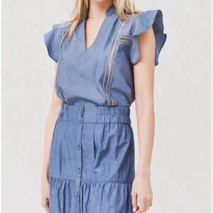 Brochu Walker Havana Top Ruffle Sleeve Washed Blue Size Small Retail $268